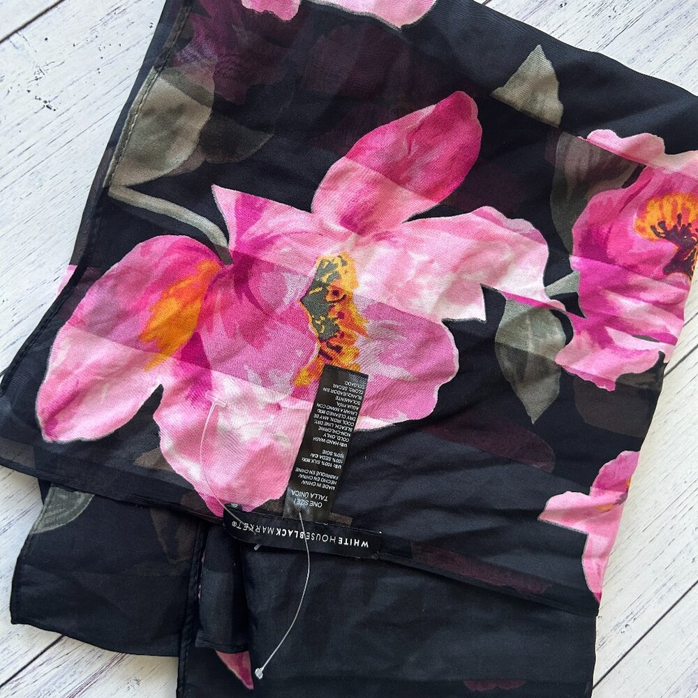White House Black Market Black Scarf with Pink Floral Print